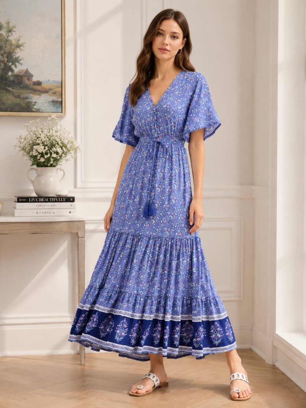 Chicwish Last Night of Boho Retro Indie Ditsy Floral Tiered Maxi Dress Sz. S-M